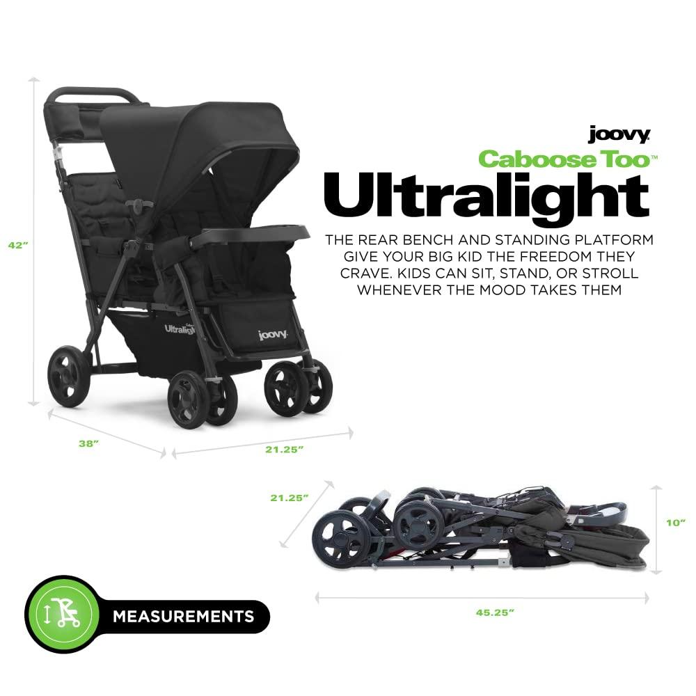 imageJoovy Caboose Too Ultralight Graphite StandOn Double Stroller with Universal Car Seat Adapter 3Way Reclining Seats Option to Use Rear Seat Bench Seat or Standing Platform