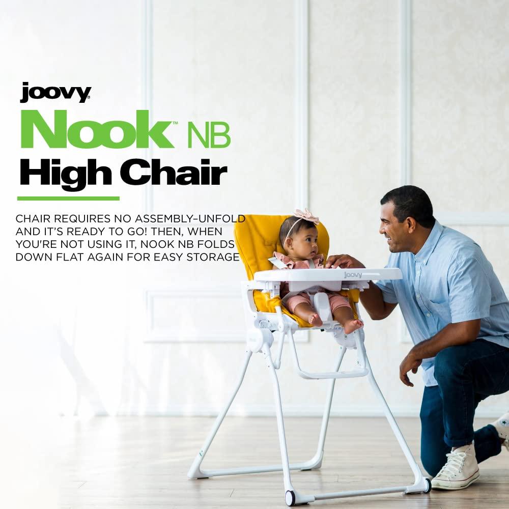 imageJoovy Nook NB High Chair Featuring FourPosition Adjustable Swing Open Tray 3Position Reclining Seat and Front Wheels for Added Mobility Folds Down Flat for Easy Storage Mustard