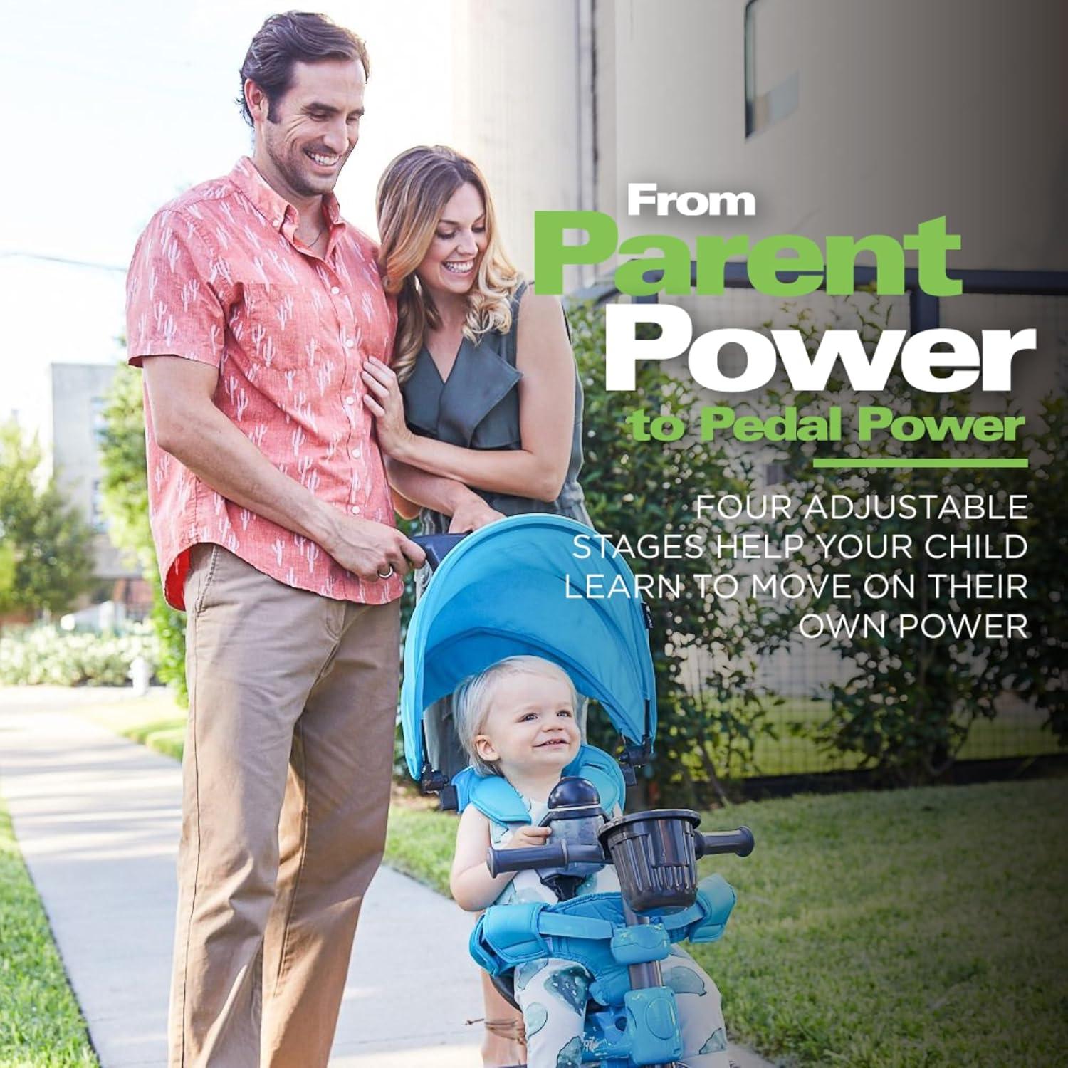 imageJoovy Tricycoo 41 Kids Tricycle with 4Stages Featuring ExtraWide Front Tire Removable and Adjustable Parent Handle Safety Harness MachineWashable Seat Pad and Retractable Canopy BlueBlue