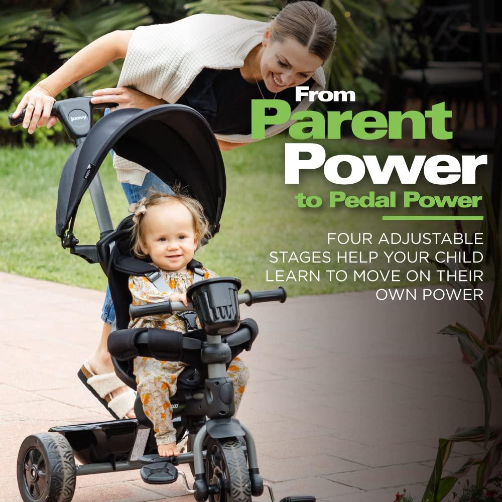imageJoovy Tricycoo 41 Kids Tricycle with 4Stages Featuring ExtraWide Front Tire Removable and Adjustable Parent Handle Safety Harness MachineWashable Seat Pad and Retractable Canopy BlueBlack