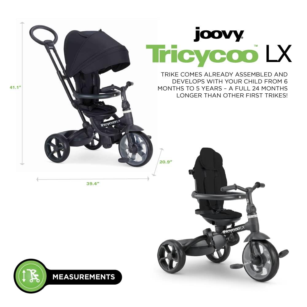 imageJoovy Tricycoo LX Premium Kids Tricycle with 8 Stages Featuring Chunky Front Tire Removable and Adjustable Parent Handle MachineWashable Seat Pad and Retractable Canopy Black 1 Count Pack of 1Black