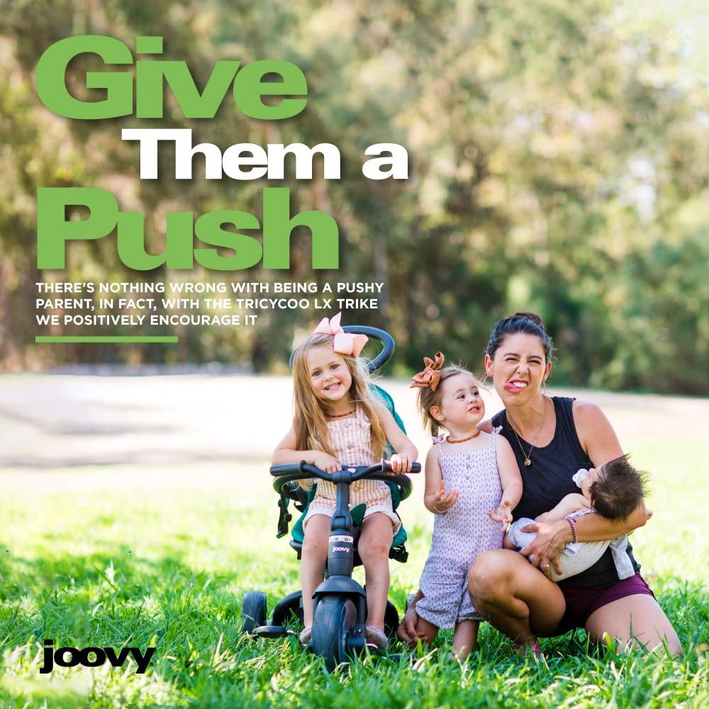 imageJoovy Tricycoo LX Premium Kids Tricycle with 8 Stages Featuring Chunky Front Tire Removable and Adjustable Parent Handle Safety Harness MachineWashable Seat Pad and Retractable Canopy PineGlacier