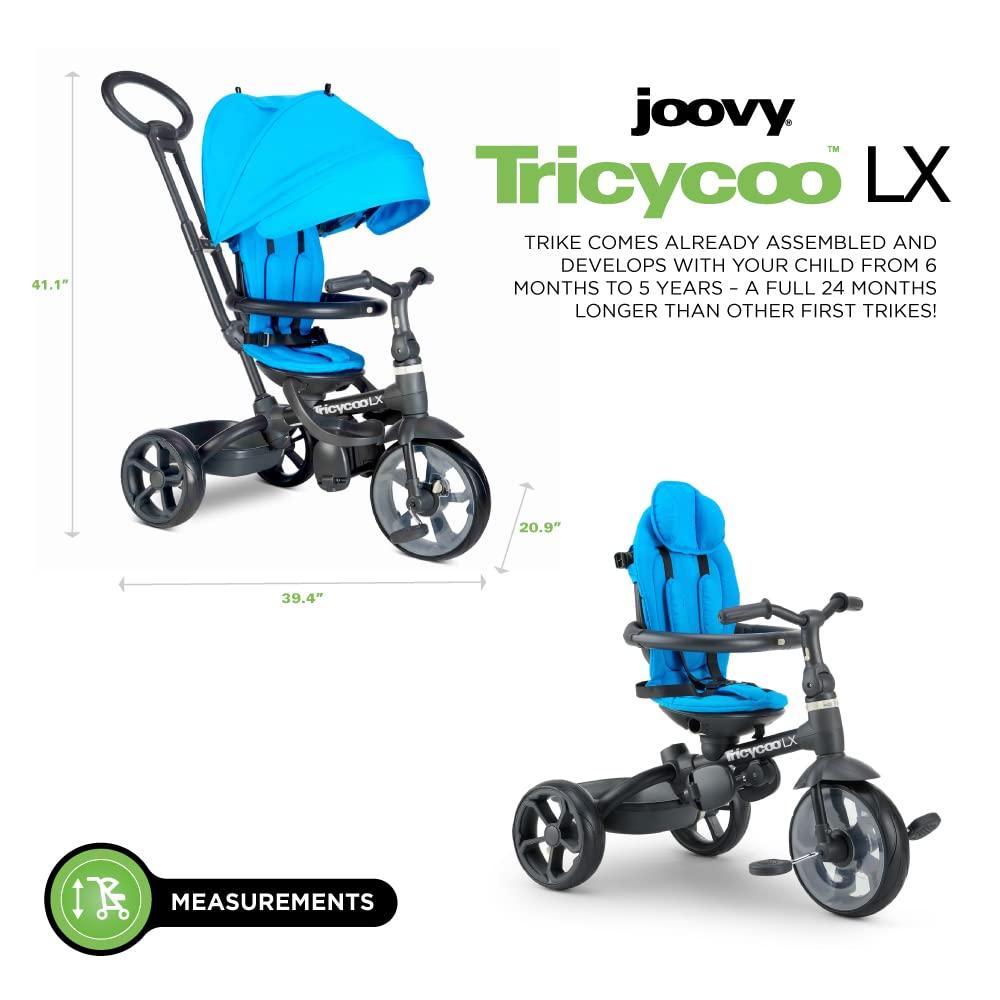 imageJoovy Tricycoo LX Premium Kids Tricycle with 8 Stages Featuring Chunky Front Tire Removable and Adjustable Parent Handle Safety Harness MachineWashable Seat Pad and Retractable Canopy PineGlacier