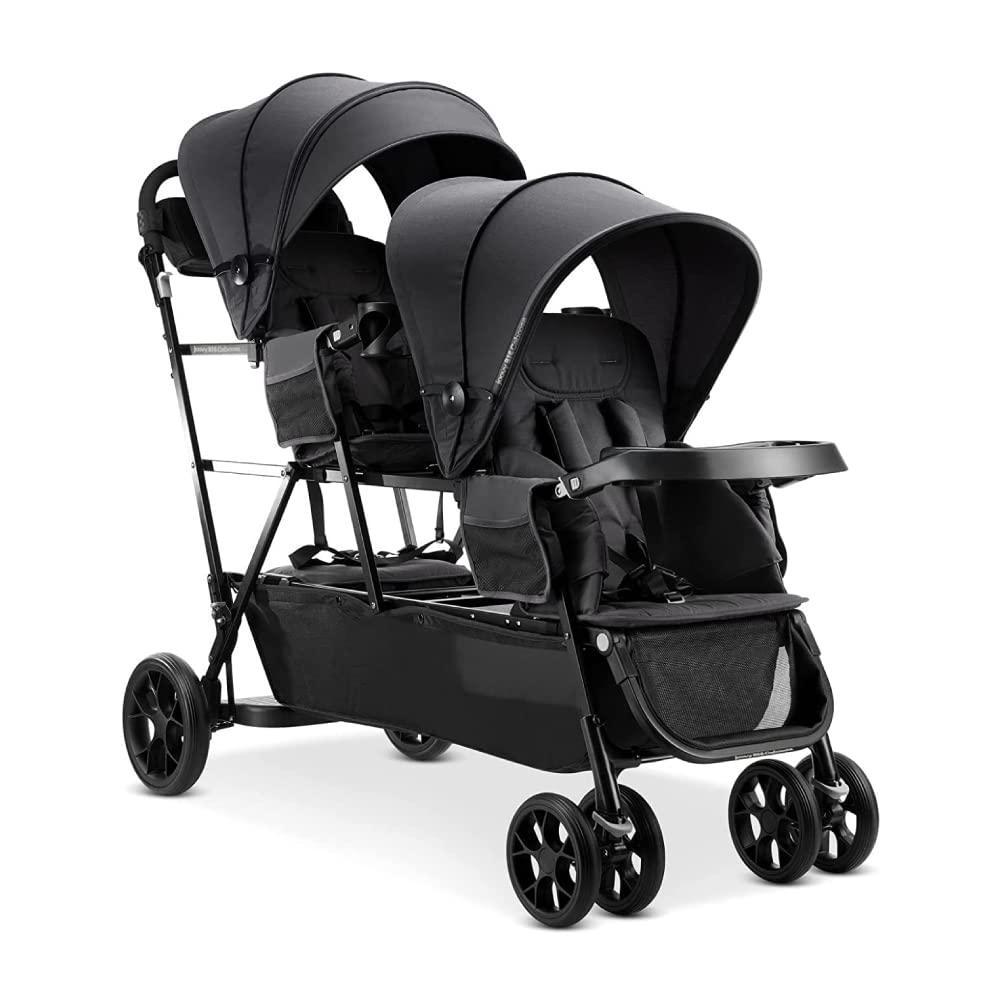 imageJoovy Big Caboose Triple Stroller with Rear Bench and Standing Platform Reclining Seats Optional Rear Seat and Two Universal Car Seat Adapters Jet