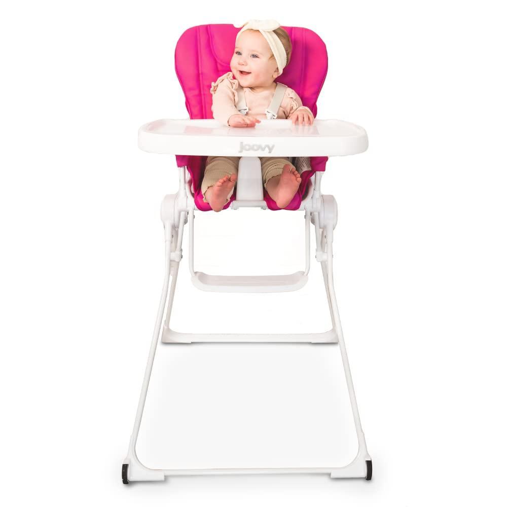 imageJoovy Nook NB High Chair Featuring FourPosition Adjustable Swing Open Tray 3Position Reclining Seat and Front Wheels for Added Mobility Folds Down Flat for Easy Storage Pink Crush