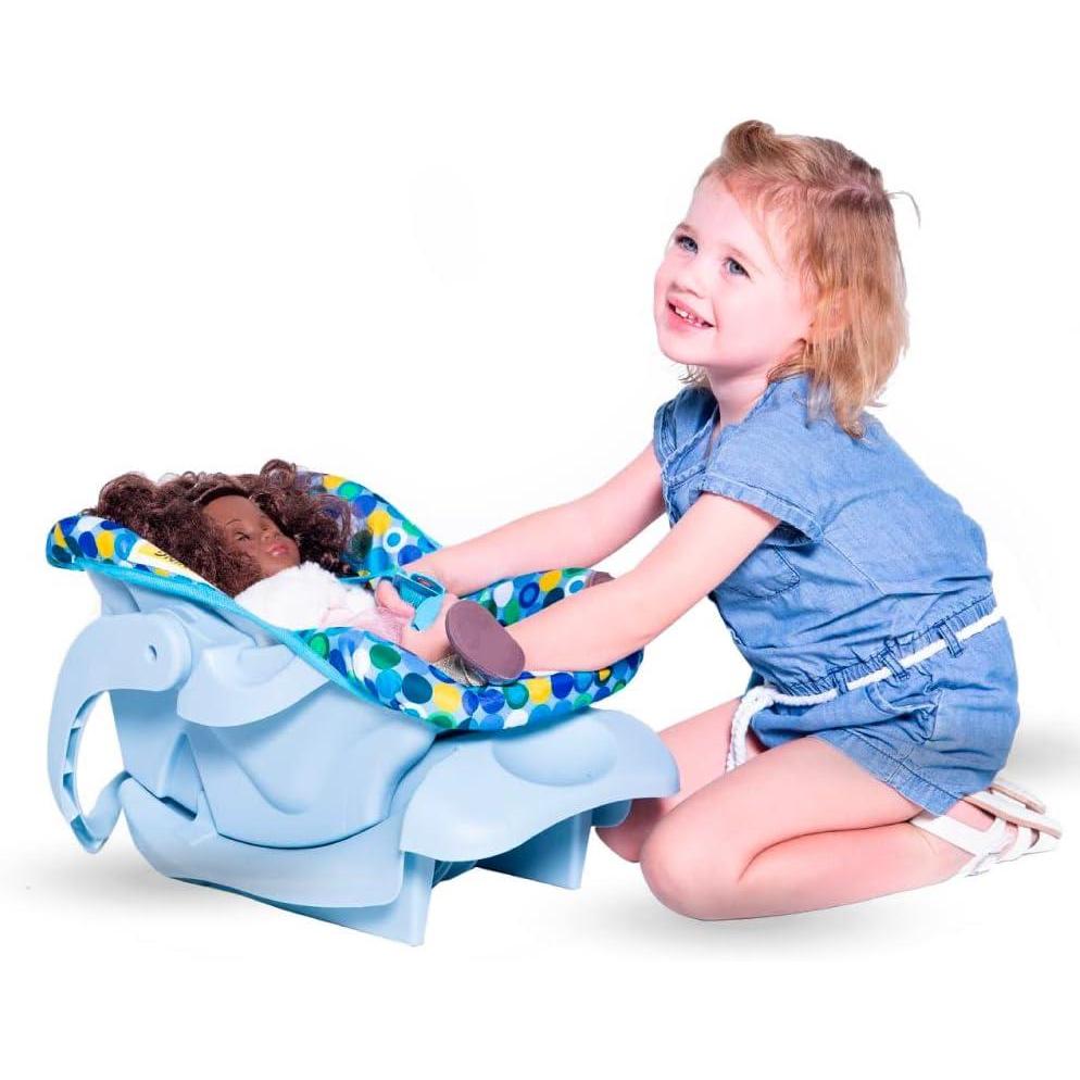 imageJoovy Toy Car Seat Baby Doll Carrier Featuring CrashTested Latch System for Safety MachineWashable Cover for Easy Cleaning and FivePoint Harness  Fits Dolls 12 to 22 Blue