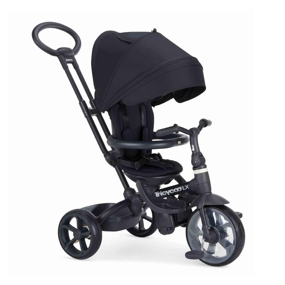 imageJoovy Tricycoo LX Premium Kids Tricycle with 8 Stages Featuring Chunky Front Tire Removable and Adjustable Parent Handle MachineWashable Seat Pad and Retractable Canopy Black 1 Count Pack of 1Black