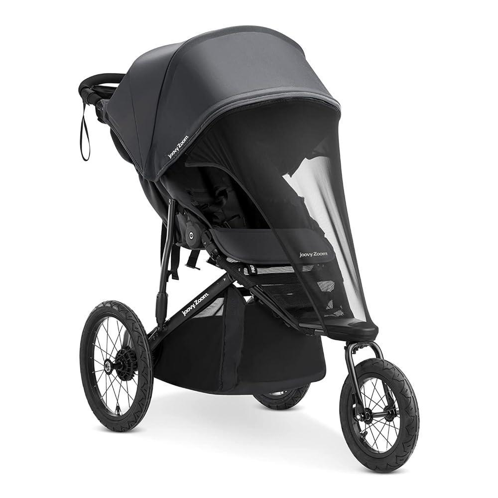 imageJoovy Zoom Lightweight Jogging Stroller Featuring High Child Seat ShockAbsorbing Suspension ExtraLarge AirFilled Tires Parent Organizer OneHanded Fold and Easy OneHand Fold Jet