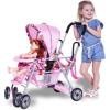 Joovy Toy Caboose Baby Doll Stroller Featuring Reclining Front Seat, Adjustable Footrest, Storage Basket, Extendable Canopy, and Snack Tray – Holds 3 Dolls (Pink Dot)(Pink)