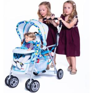 Joovy Toy Caboose Baby Doll Stroller Featuring Reclining Front Seat, Adjustable Footrest, Storage Basket, Extendable Canopy, and Snack Tray – Holds 3 Dolls (Pink Dot)(Blue)