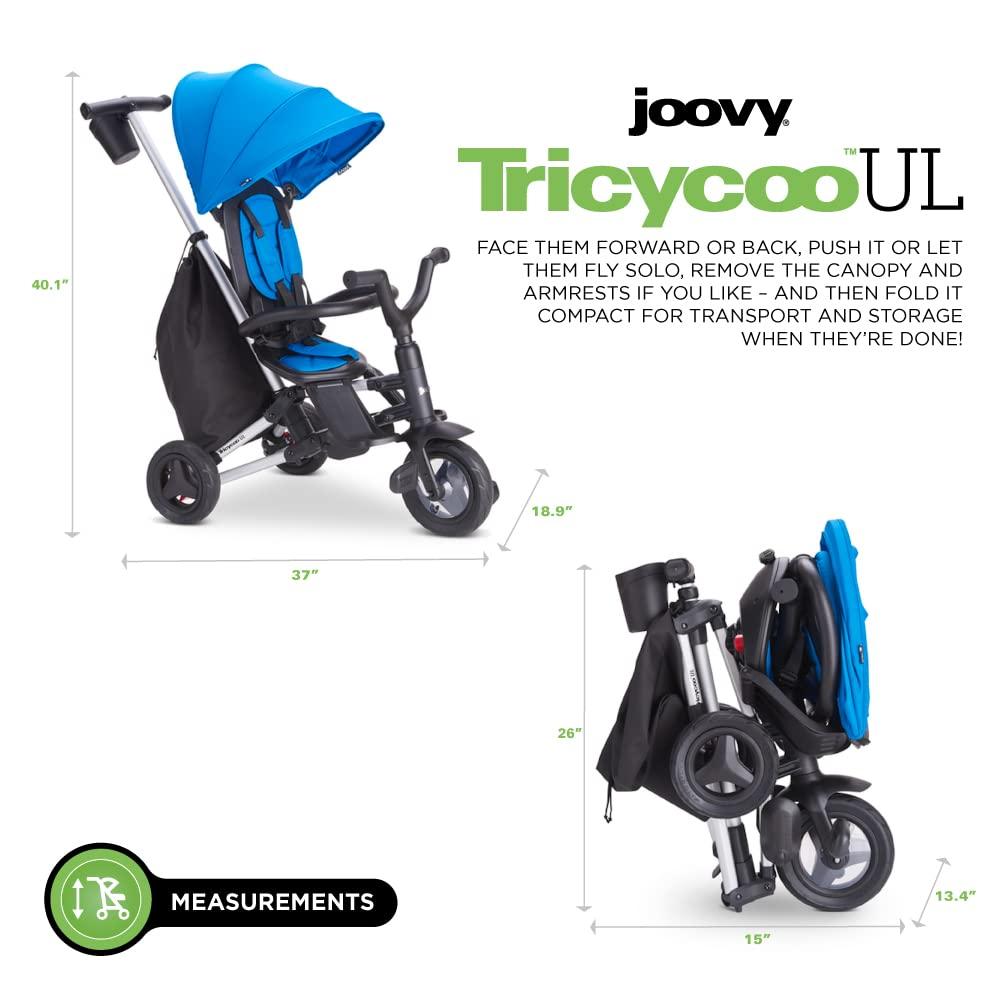 imageJoovy Tricycoo UL Kids Tricycle with 8 Stages Featuring 3 Rubber Tires Removable and Adjustable Parent Handle Safety Harness 3Position Recline Seat and Retractable Canopy BluenessBlueness