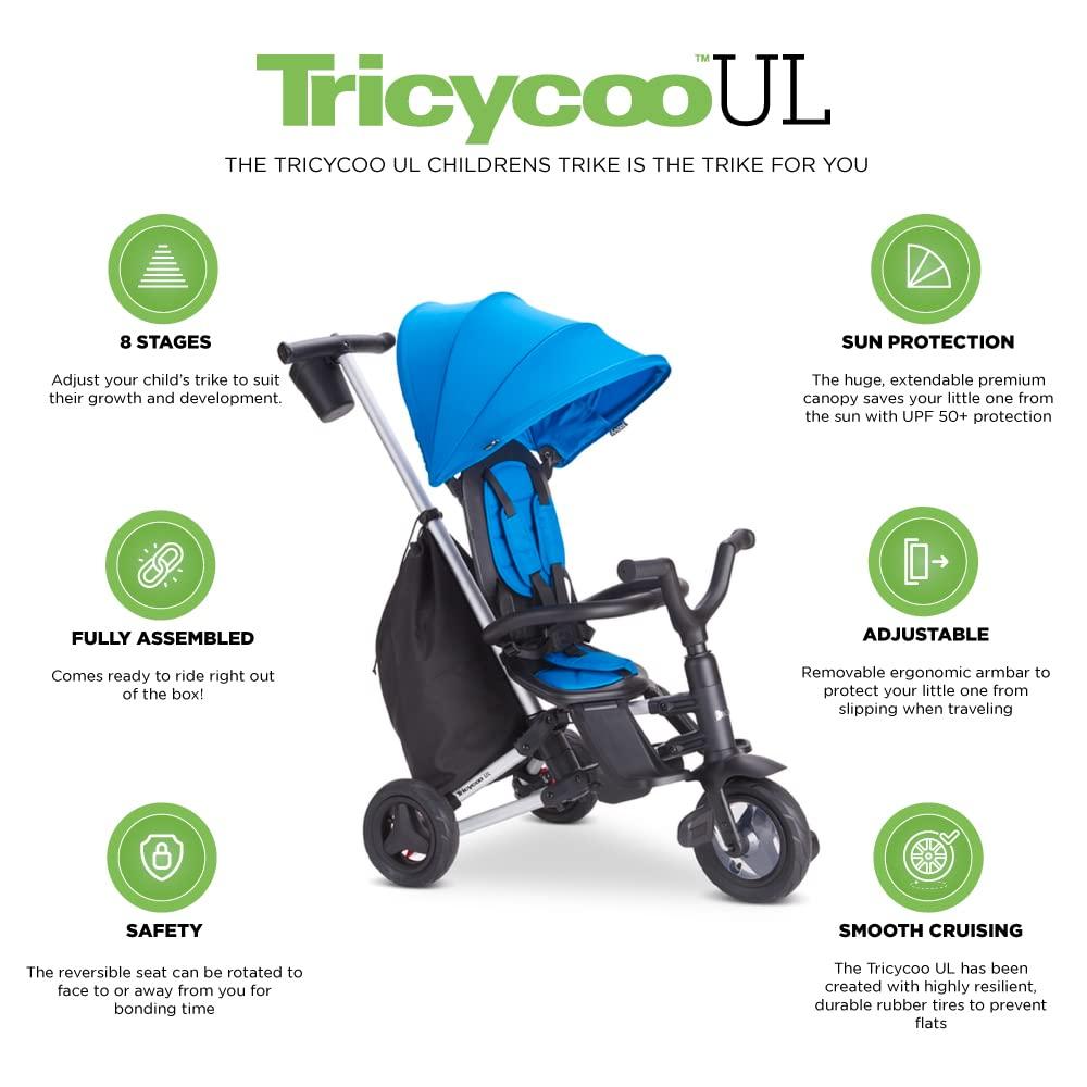 imageJoovy Tricycoo UL Kids Tricycle with 8 Stages Featuring 3 Rubber Tires Removable and Adjustable Parent Handle Safety Harness 3Position Recline Seat and Retractable Canopy BluenessBlueness