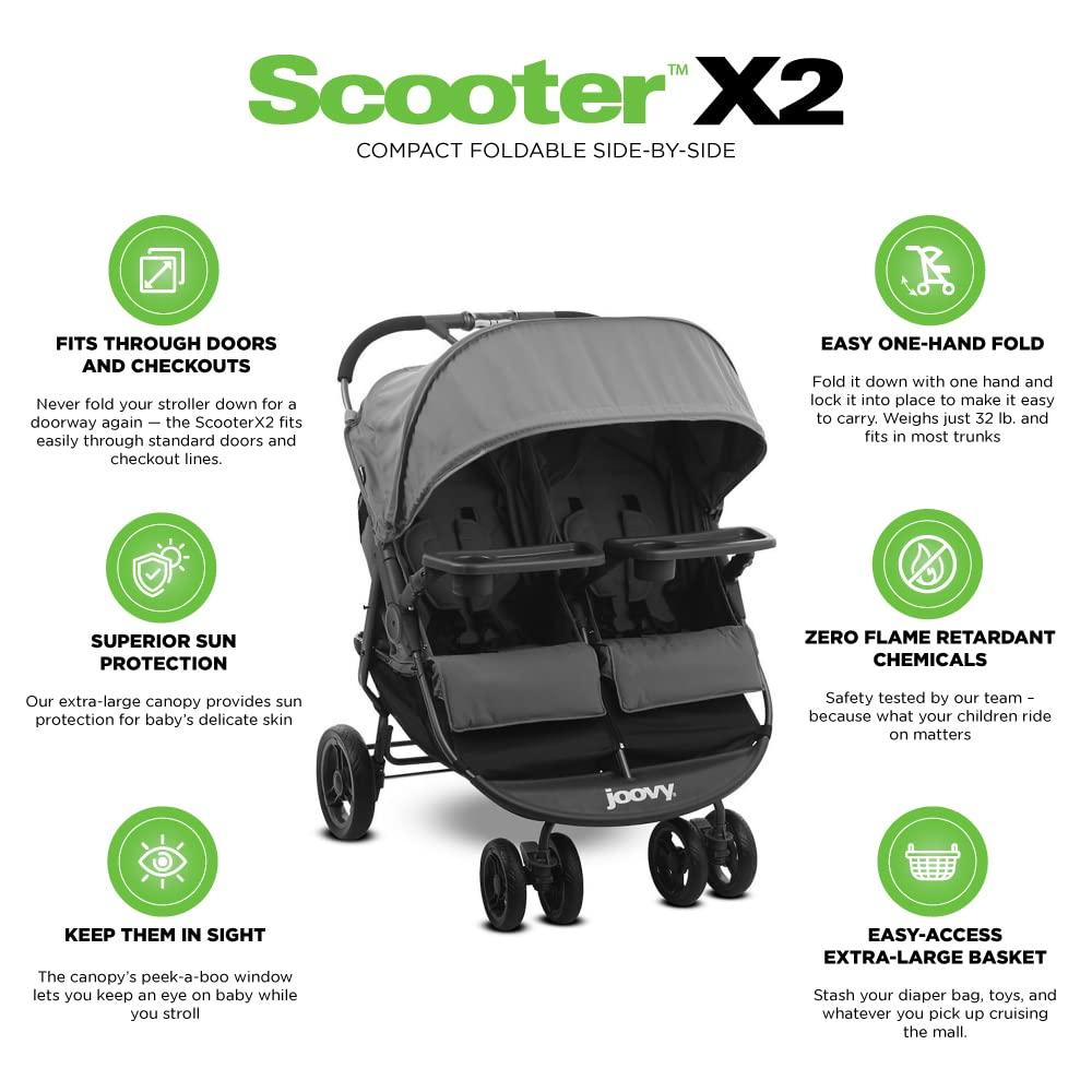 imageJoovy Scooter X2 SidebySide Double Stroller Featuring Dual Snack Trays OneHanded Fold MultiPosition Reclining Seats Adjustable Leg Rests and inSeat Storage CharcoalCharcoal