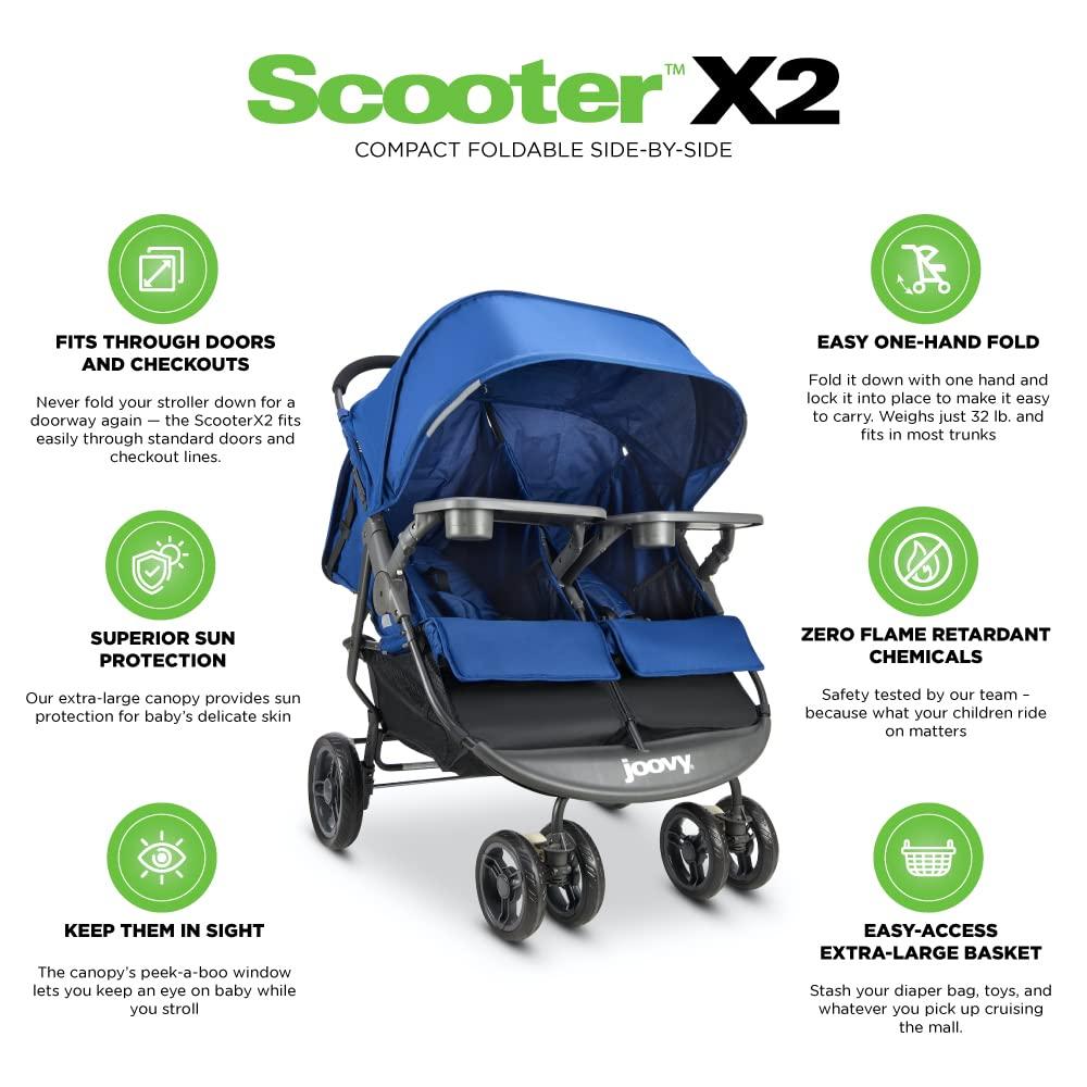 imageJoovy Scooter X2 SidebySide Double Stroller Featuring Dual Snack Trays OneHanded Fold MultiPosition Reclining Seats Adjustable Leg Rests and inSeat Storage BlueberryBlueberry