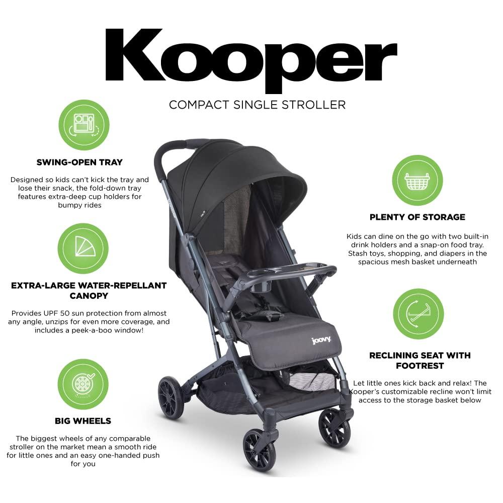 imageJoovy Kooper Lightweight Baby Stroller Featuring Removable SwingOpen Tray Big Wheels Reclining Seat with Footrest ExtraLarge Retractable Canopy and Compact Fold SandForged Iron