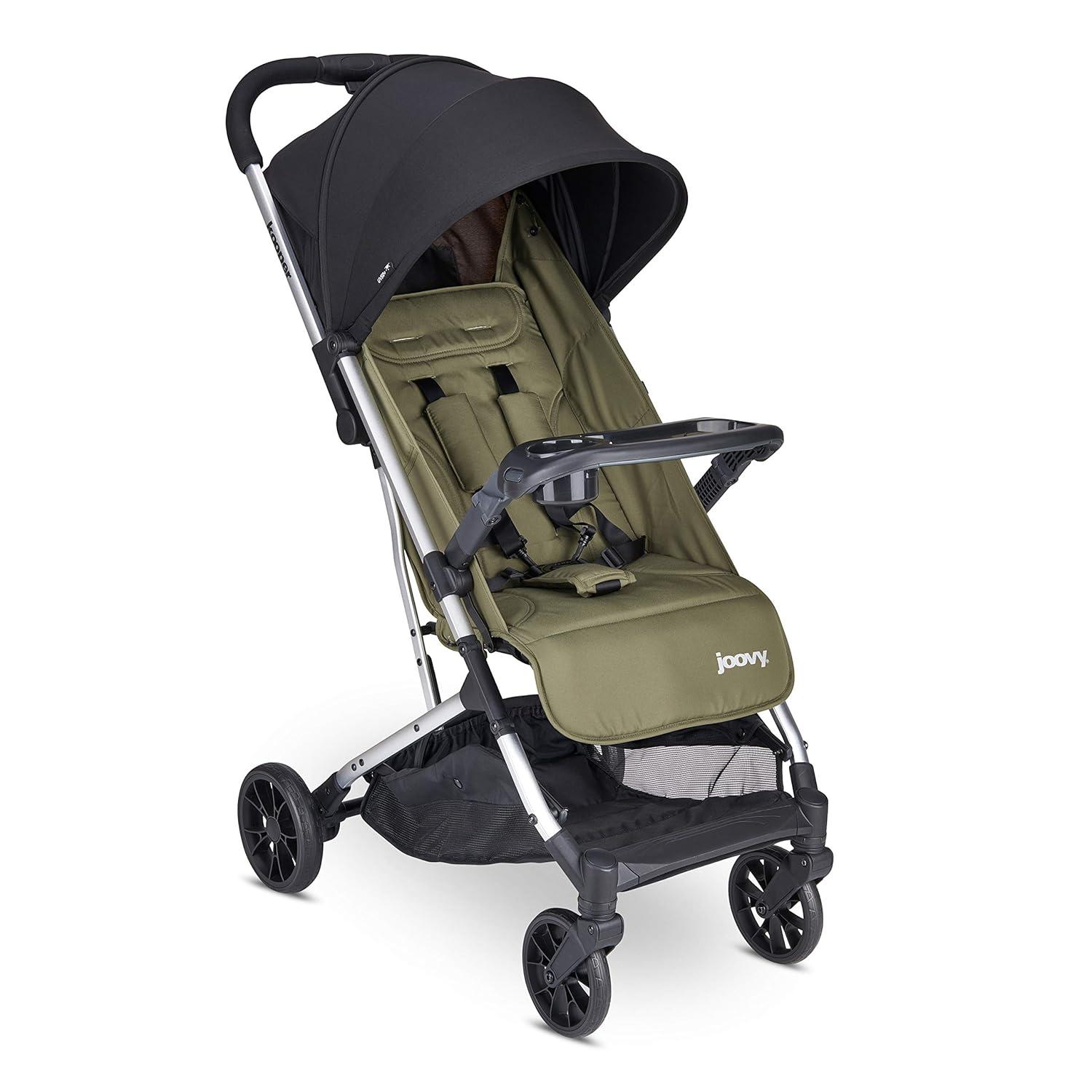 imageJoovy Kooper Lightweight Baby Stroller Featuring Removable SwingOpen Tray Big Wheels Reclining Seat with Footrest ExtraLarge Retractable Canopy and Compact Fold SandOlive