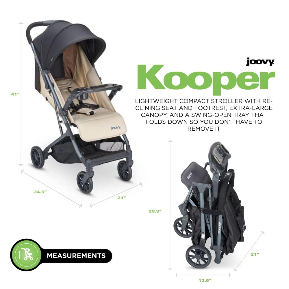 imageJoovy Kooper Lightweight Baby Stroller Featuring Removable SwingOpen Tray Big Wheels Reclining Seat with Footrest ExtraLarge Retractable Canopy and Compact Fold SandSand