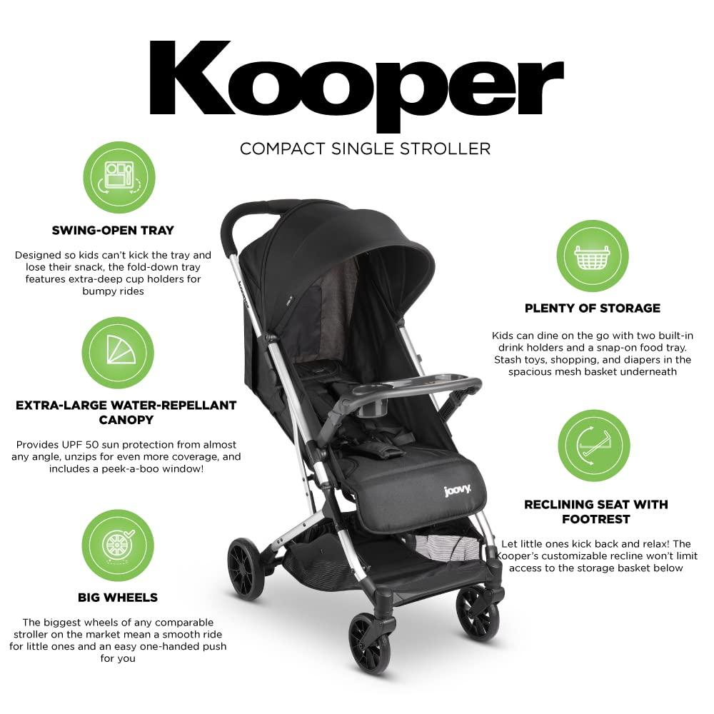 imageJoovy Kooper Lightweight Baby Stroller Featuring Removable SwingOpen Tray Big Wheels Reclining Seat with Footrest ExtraLarge Retractable Canopy and Compact Fold SandBlack