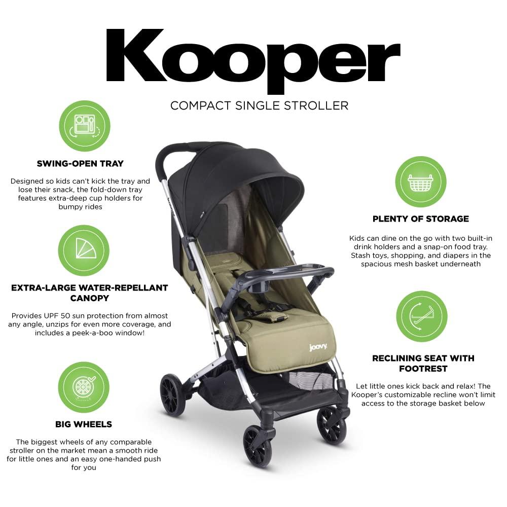 imageJoovy Kooper Lightweight Baby Stroller Featuring Removable SwingOpen Tray Big Wheels Reclining Seat with Footrest ExtraLarge Retractable Canopy and Compact Fold SandOlive