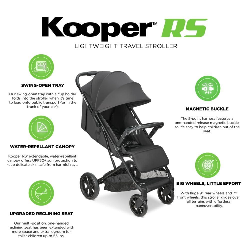 imageJoovy Kooper Lightweight Baby Stroller Featuring Removable SwingOpen Tray Big Wheels Reclining Seat with Footrest ExtraLarge Retractable Canopy and Compact Fold SandBlack